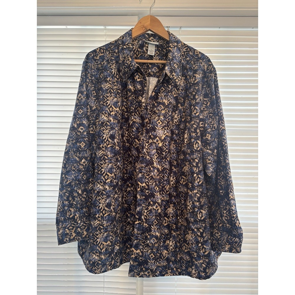 Catherine's 3X 26/28W Abstract Blue Taupe Button up Blouse